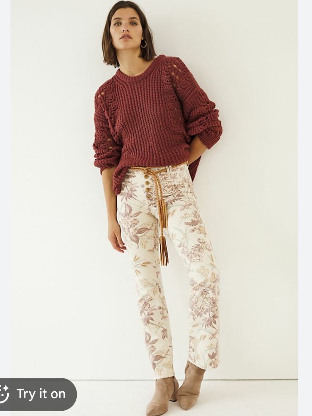 Anthropologie Cream Floral High-Rise Bootcut Jeans 10Long